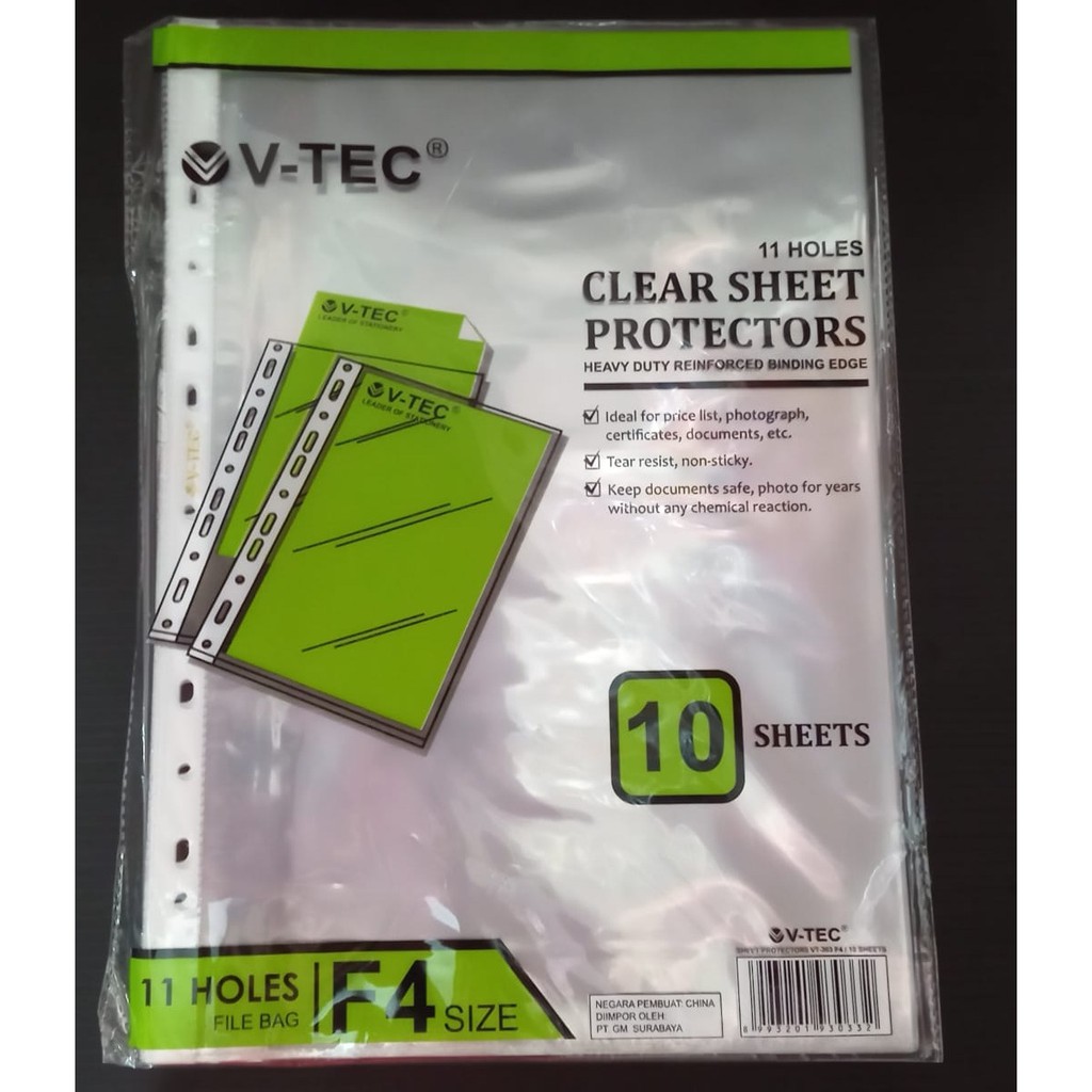 

Clear Sheets Protector F4 V-tec isi 10 sheet/ Plastik Pocket V-tec/ Sheet Protector Folio