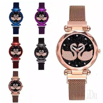 Jam Tangan Wanita Korea Strap Magnet Swarovskiy Double Angsa