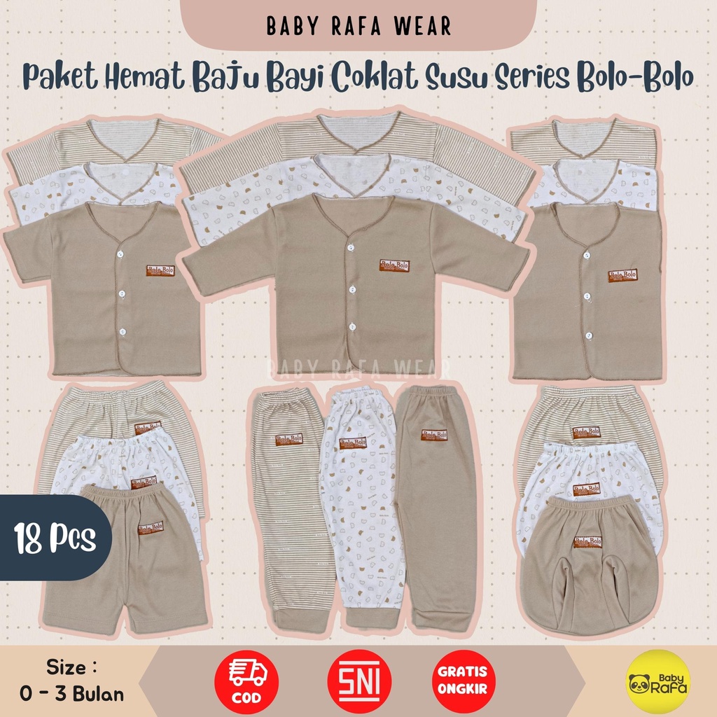 Serian Coklat Susu - 18 PCS Paket Lahiran Setelan Baju Bayi Celana Bayi Baru Lahir Gift Set Baby merk SNI Bolo - Bolo Serian Coklat Susu