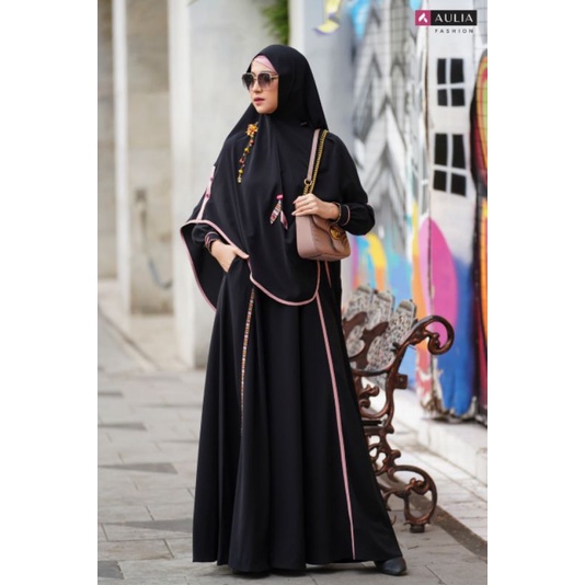 SET GAMIS SYARI HITAM SILVANA BLACK PINK ORIGINAL AULIA FASHION DRESS BAJU BUSANA MUSLIM WANITA DEWA