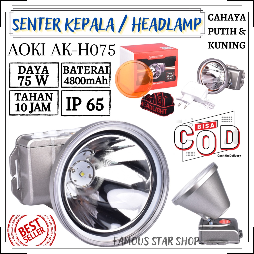 Senter Kepala Waterproof / Diving Warna Silver AOKI AK-H075 75 Watt Super Led Baterai Lithium 4800mAh Super Terang Cahaya Putih Dan Kuning ahan 10 Jam NONSTOP | Senter Kepala Led 75W AOKI AK H075 | FMS