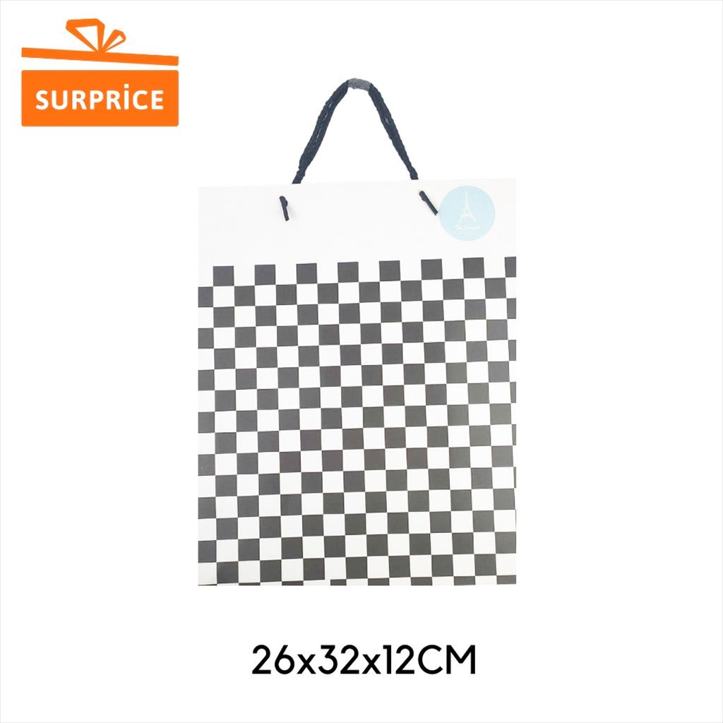Surprice Tas Kado Tenteng 26x32x12cm /  Kantong Hadiah / Goodie Bag Ulang Tahun / Paper Bag Tas Hampers / Gift Bag-Putih Checker