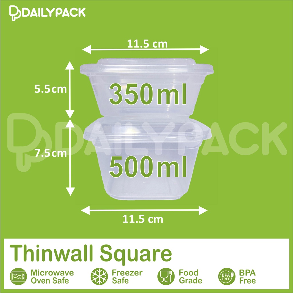 Thinwall SQUARE 350 ml + Tutup / KOTAK / Kotak makan plastik / Food Container