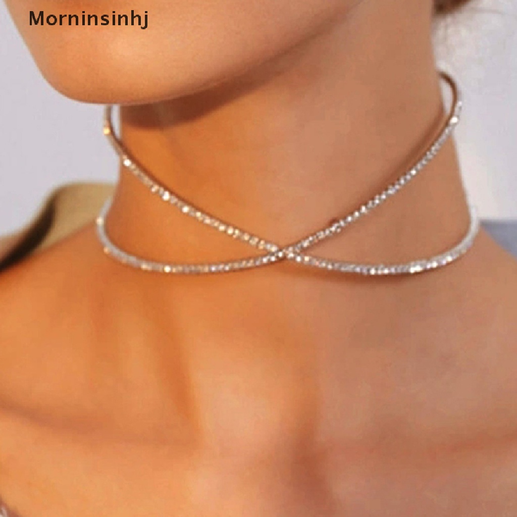 Mornin Kalung Choker Terbuka Adjustable Gaya Punk Motif Geometri Aksen Kristal Untuk Perhiasan Wanita