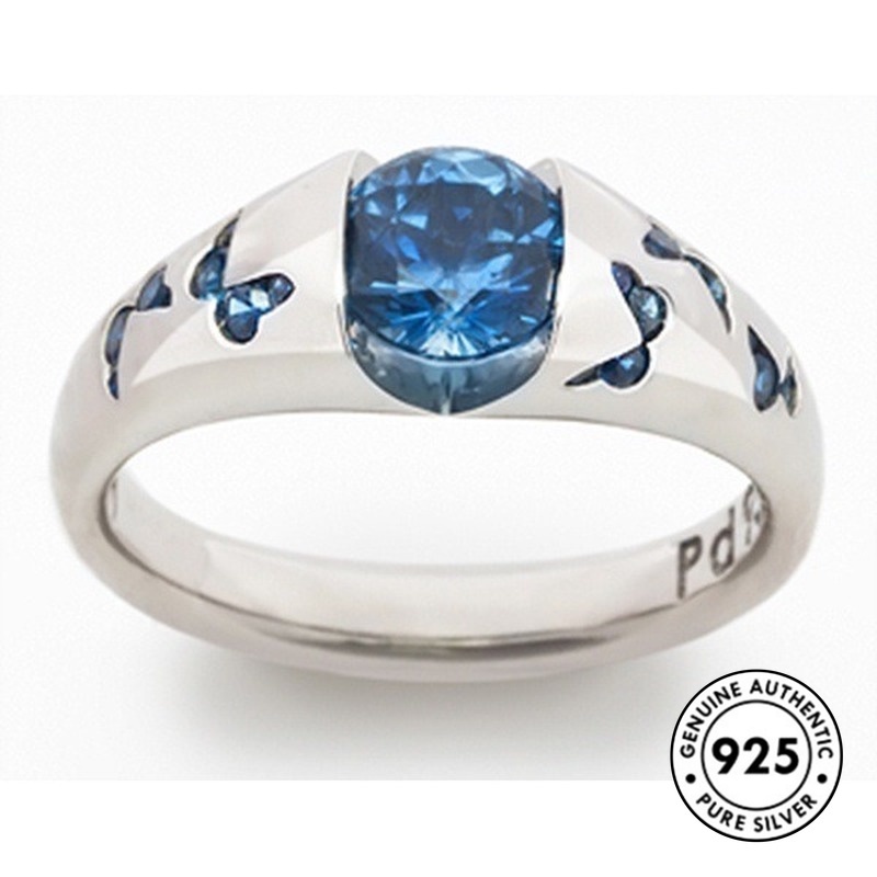 Cincin S925 Silver Desain Kupu-Kupu Laut Biru Aksen Berlian