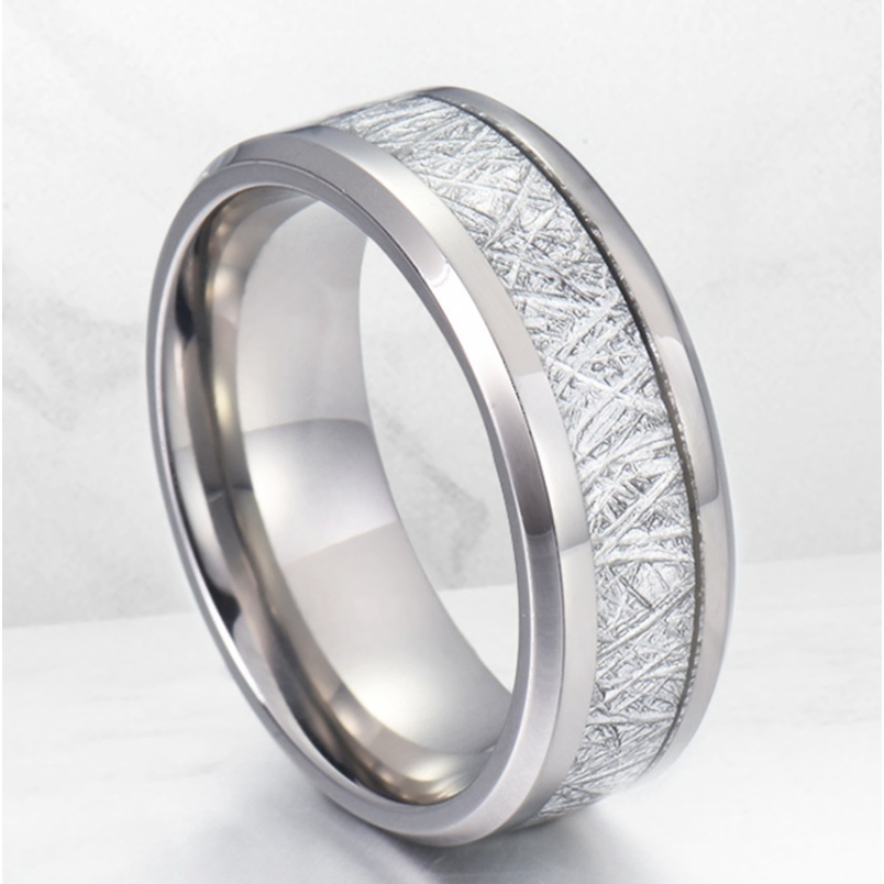 New 8mm Width Stainlness Steel Ring for Man High Polished Inlay Meteorites &amp; Deer Antler Pattern Size 7-14