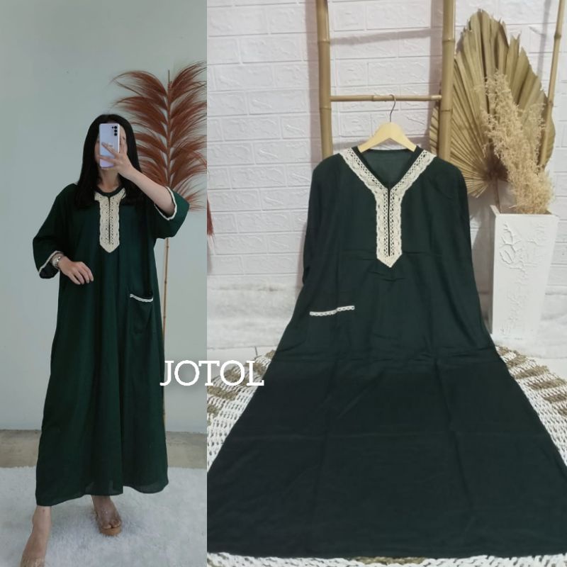 Daster BUSUI Arab Kekinian Tangan 3/4 (aisyah) / Daster Muslim Renda Jumbo LD 120 cm / Daster BUSUI /Daster kekinian /Daster Renda-Hijau botol
