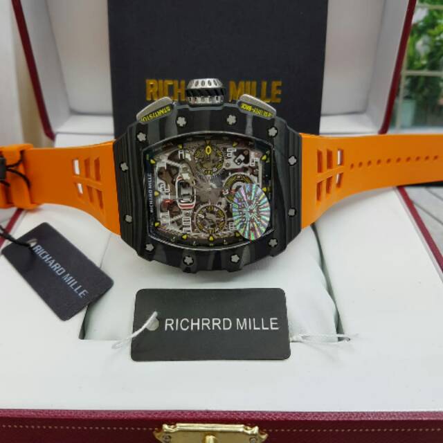 Jam Tangan Pria Mewah Branded Richard Mile RM011-03/RM11 Carbon Orange Swiss Eta Clone Ori 1:1