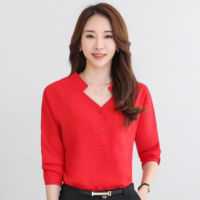 Okechuku Keinara Kemeja Wanita Korean Style Pakaian Kerja Model Korea - Merah