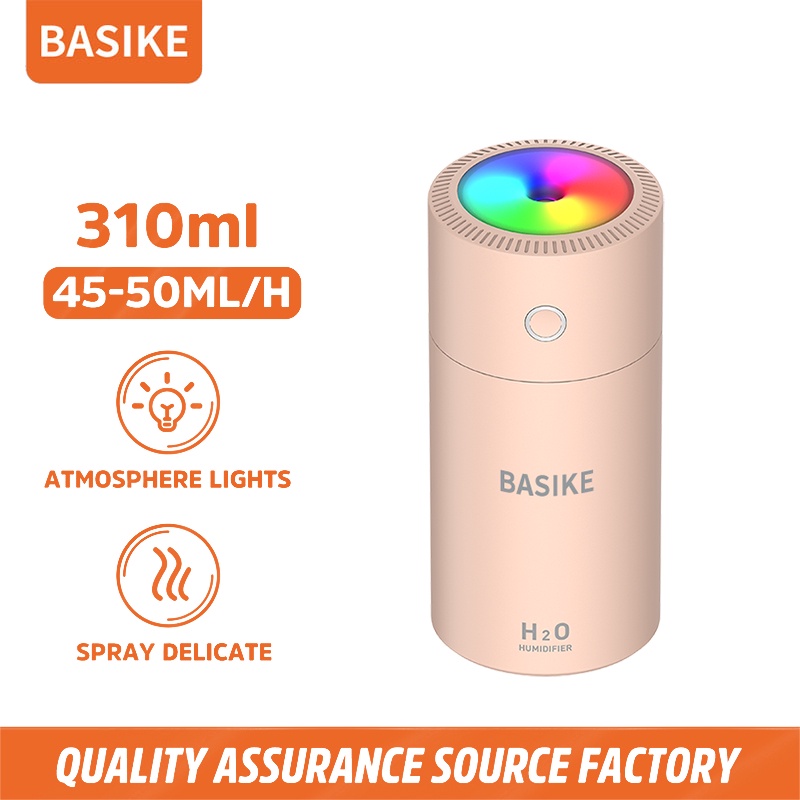 BASIKE Colorful Cool Mini Mist Humidifier USB Personal Desktop Humidifier for Car Office Room Bedroom,etc Auto Shut-Off Super Quiet Night Light Function-Q07 Merah Muda