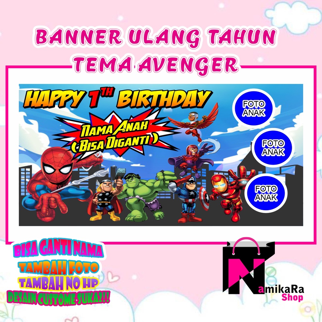 Banner Ulang Tahun Anak, Spanduk Happy Birthday Anak, Backdrop Happy Birthday Ulang Tahun Tema Aveng