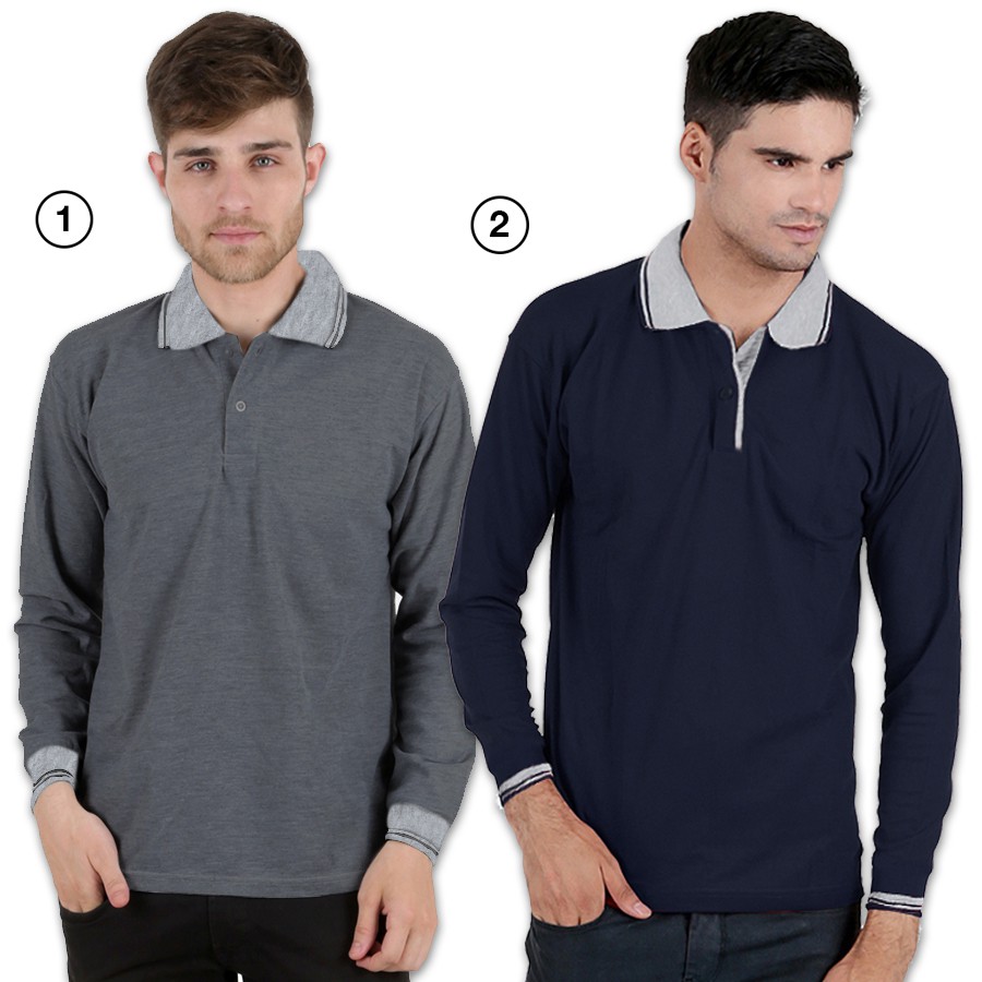 Baju Kaos Polo Wangky Lacoste Shirt Pria Lengan Panjang Kerah Abu Muda Abu Tua