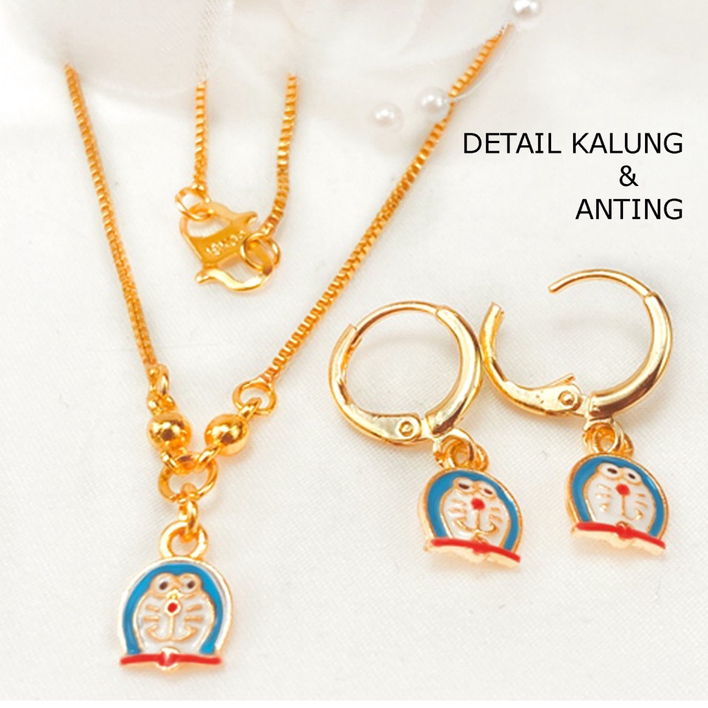 Paket Set Anak Kalung + Gelang + Cincin + Anting Doraemon Gold Perhiasan Anak 1034