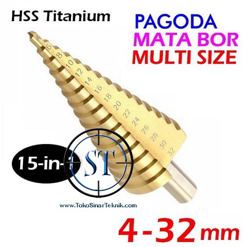 Mata Bor Pagoda HSS Tangga Besi Shank Metal 15 Steps Spiral Drill Bits 4-32mm