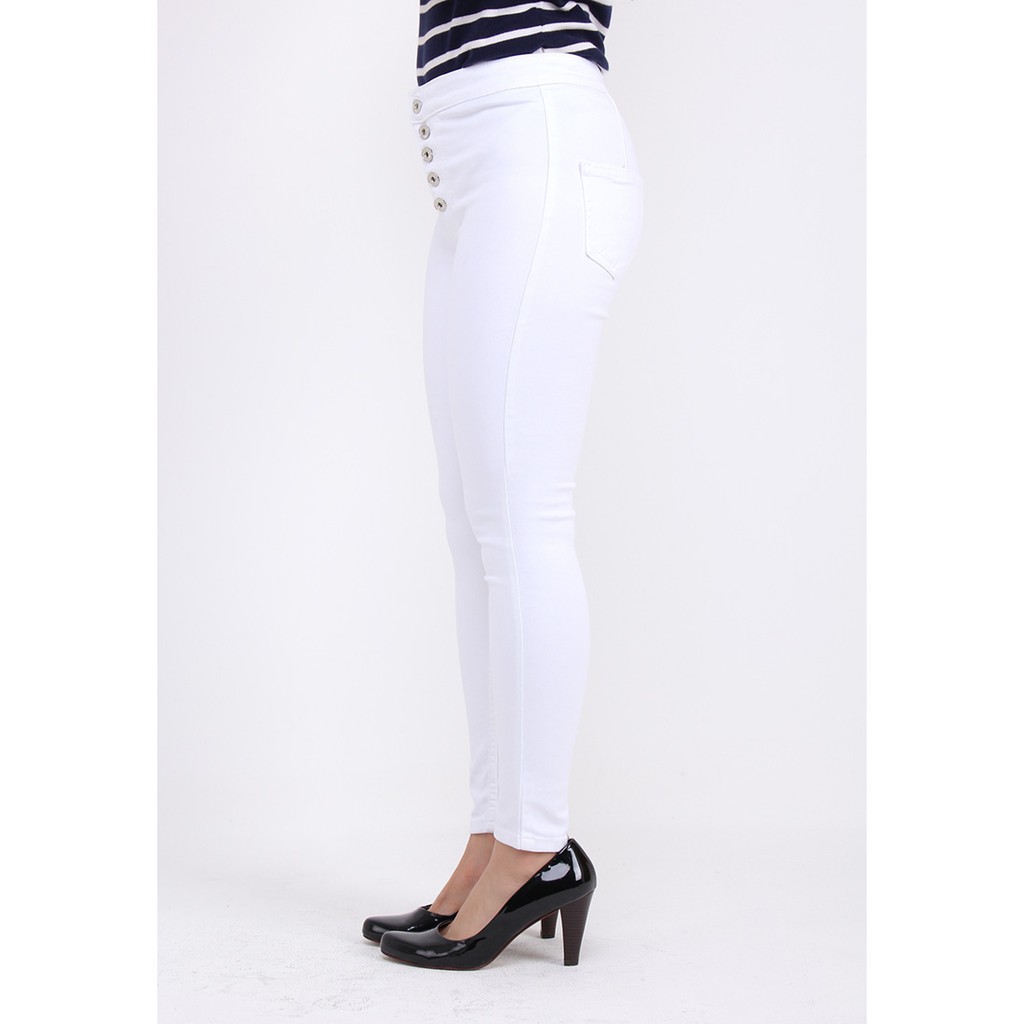 Dazina Plain White Celana Highwaist kancing 5 wanita - putih