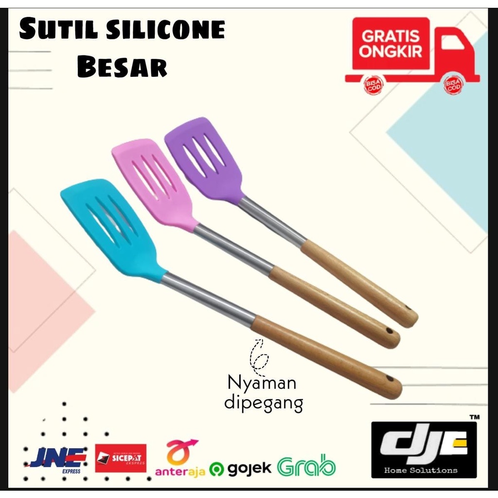 sutil spatula irus silicone tahan panas gagang kayu ukuran besar