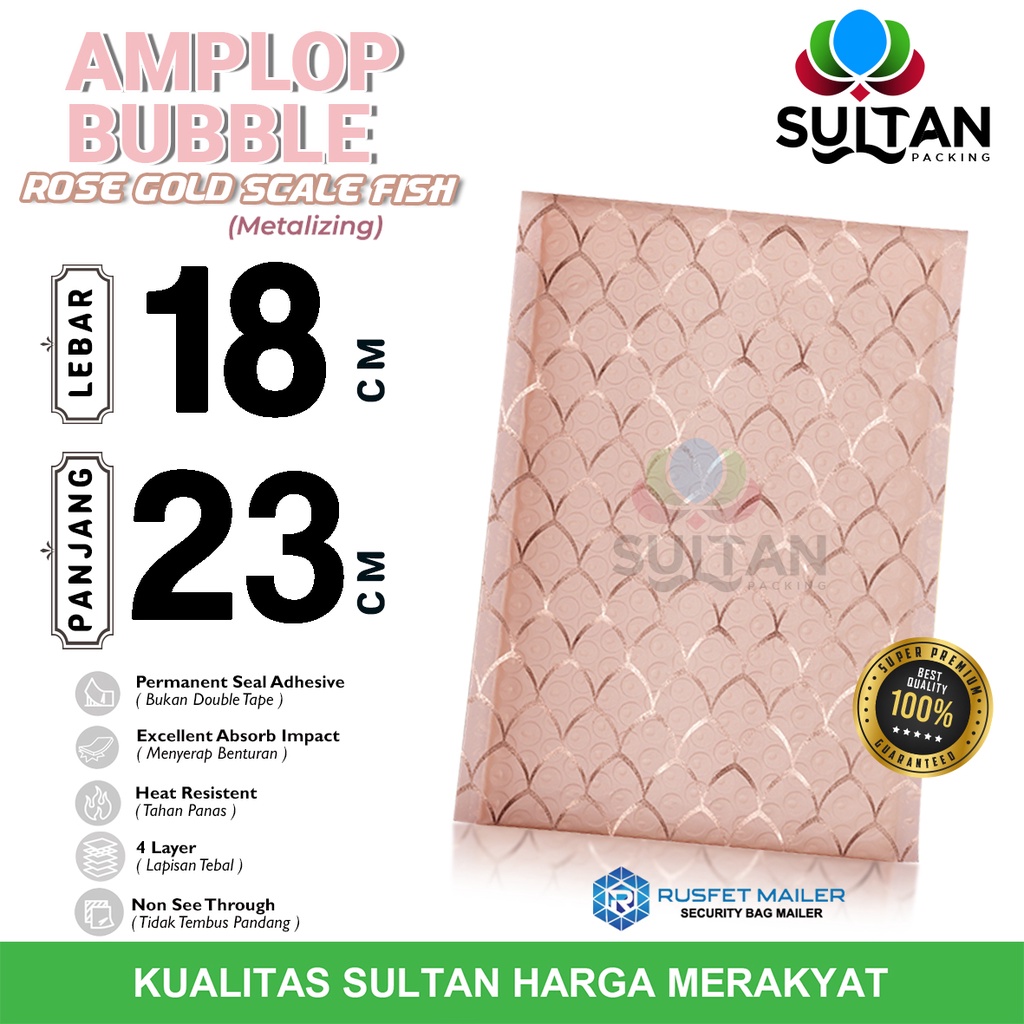 AMPLOP BUBBLE MAILER PINK ROSE GOLD SCALE FISH 18x23cm ENVELOPE WRAP SATUAN RUSFET PREMIUM