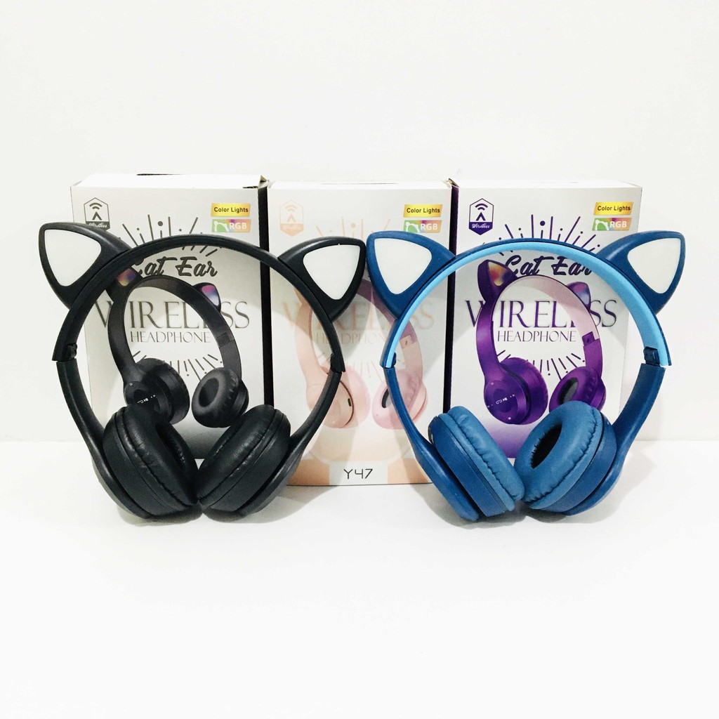HEADSET BANDO KUCING CAT HF BANDO Y47 KUPING KUCING WIRELESS MURAH LED