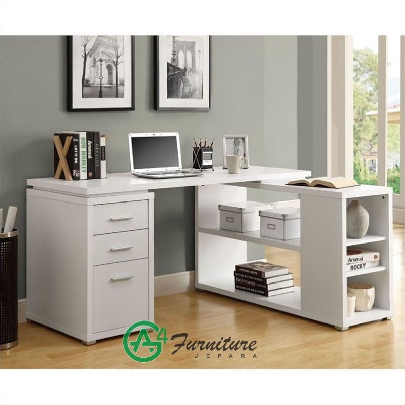 Meja Kantor Sudut Duco Putih Minimalis - Kayu Mahoni