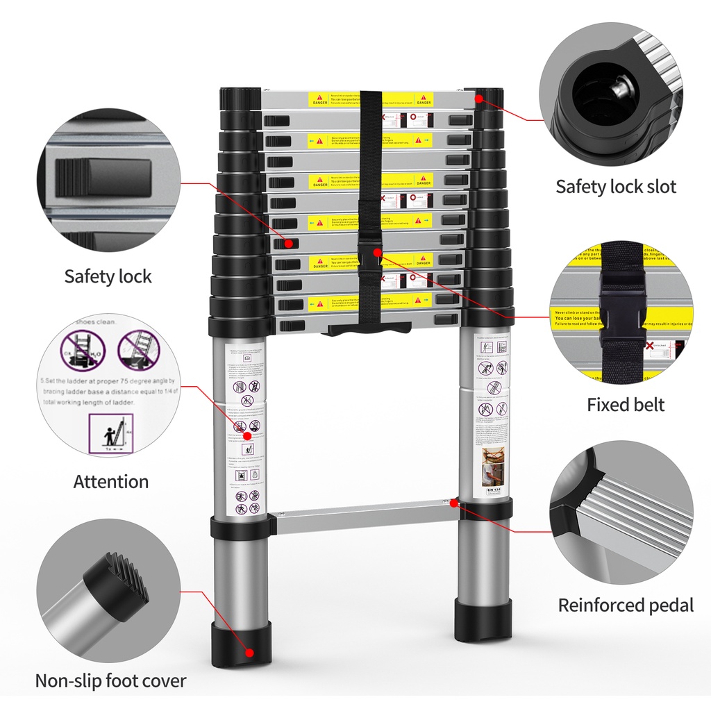 IXCE Tangga Lipat Teleskopik 4.4m/5m/6.2m/7mSingle Telescopic Ladder Perak/Hitam