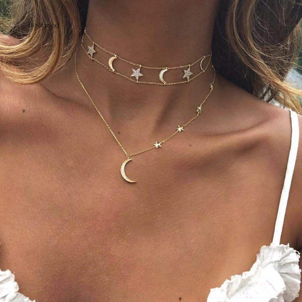 [Fresh] Kalung Choker Banyak Lapis Aksen Bintang / Bulan / Berlian Imitasi Bahan Alloy untuk Wanita