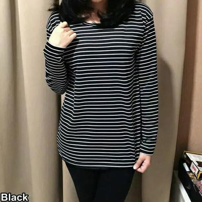 KAOS CEWE GARIS HITAM PUTIH LENGAN PANJANG SALUR MURAH {PRODUK TERBARU}
