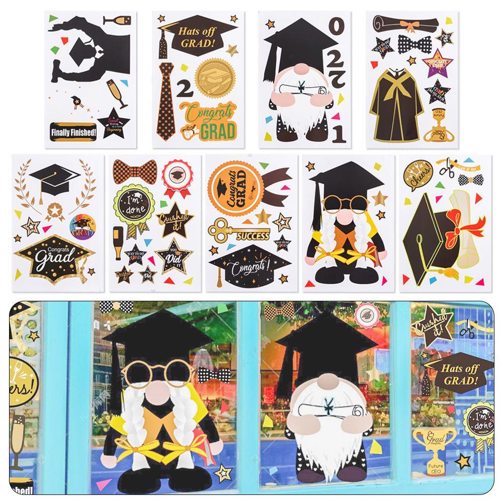 Populer 9lembar Jendela Decals Removable Perekat Diri Musim Wisuda Gnomes Pintu Statis Cling