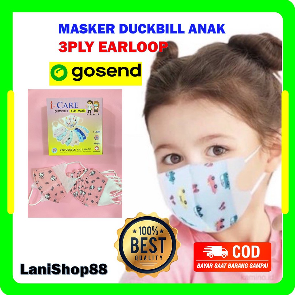 Masker Duckbill Anak merk i-CARE icare 3ply Earloop kids 4-12 tahun Disposable Face Mask Murah