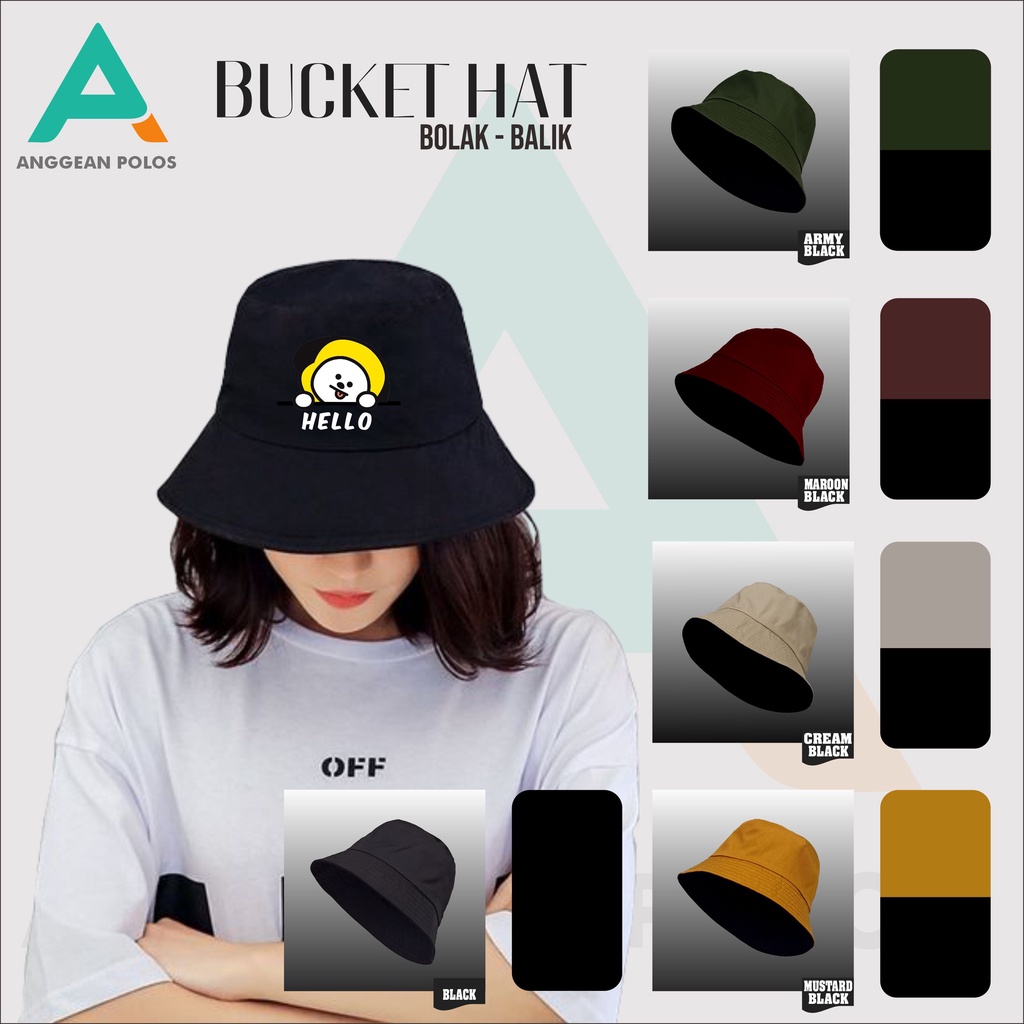 TOPI BUKET HELLO CHIMMY Pria Wanita Korea Premium Bolak Balik 2 Warna Bucket Hat Cowok Perempuan Dew