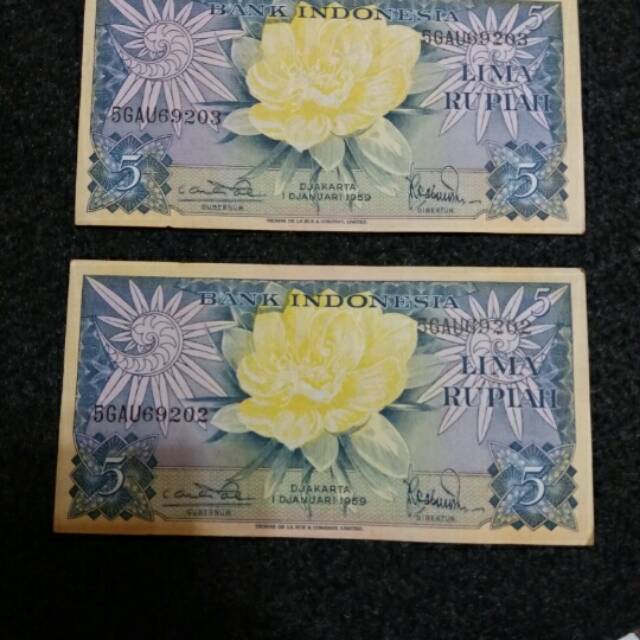 Uang kertas 5 Rupiah bunga tahun 1959 baru