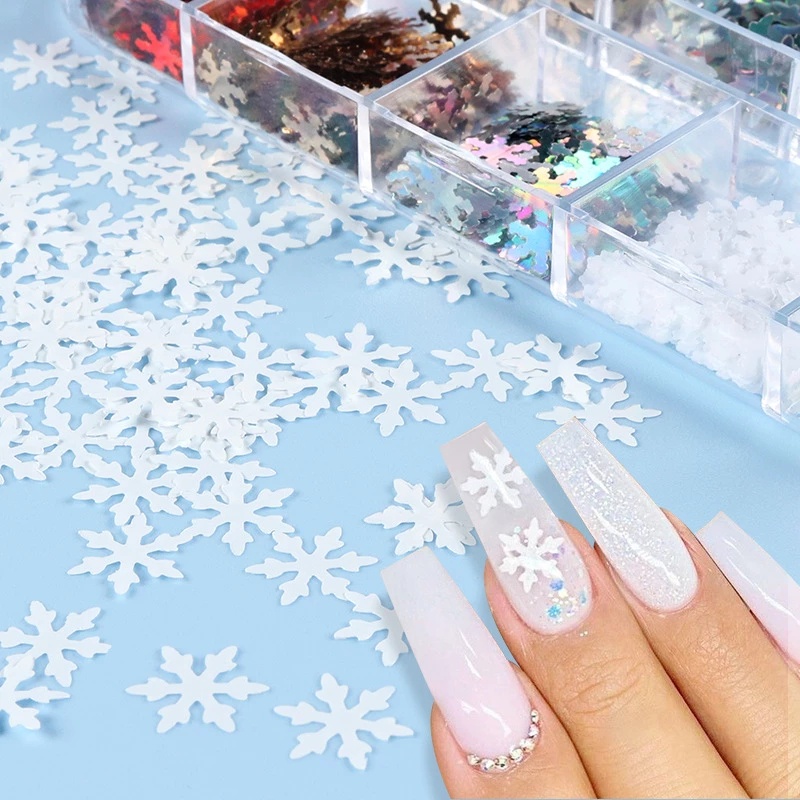 12 Grids Glitter 3D Christmas Snowflakes Sequins Nails Art Decorative Sticker DIY Accessories