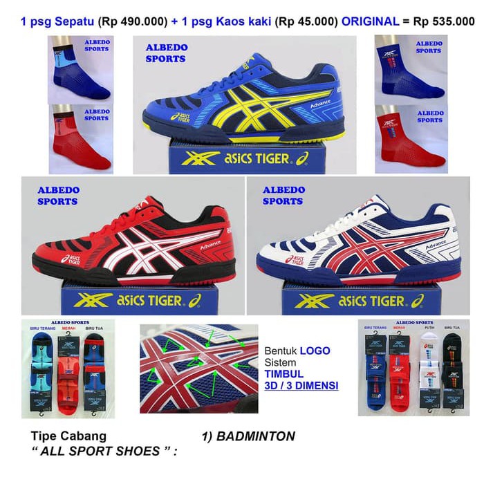 Sepatu Badminton Bulutangkis AsicsTiger ADVANCE kaos kaki Eagle Spotec