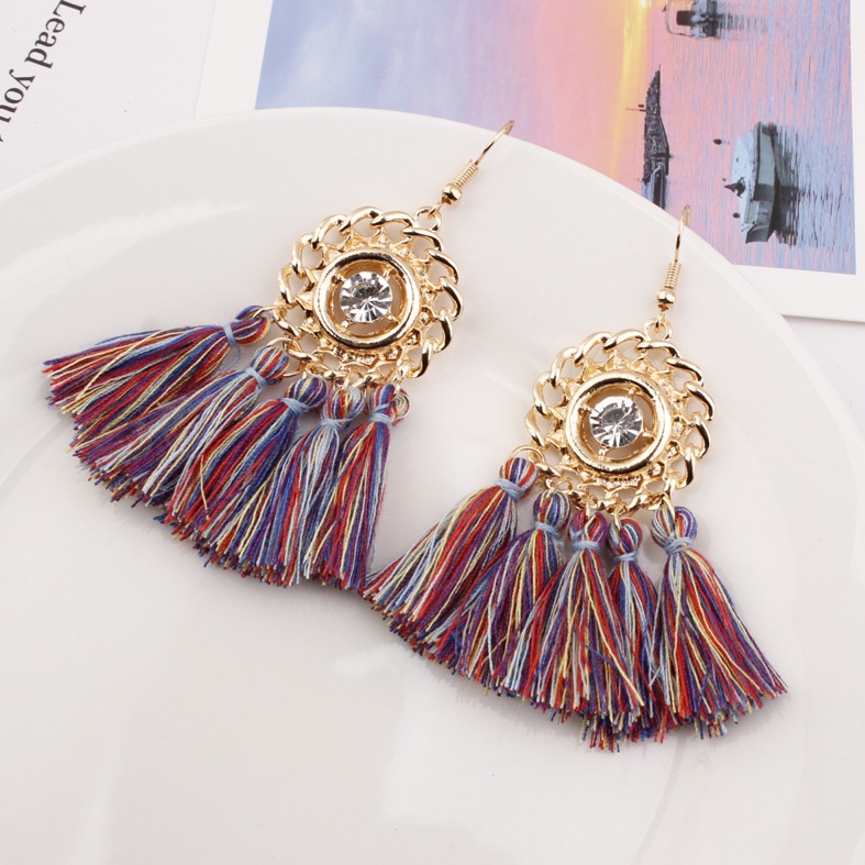 Merek besar rumbai anting-anting baru fashion bohemian Retro gaya etnik berlian bulat aksesoris all-