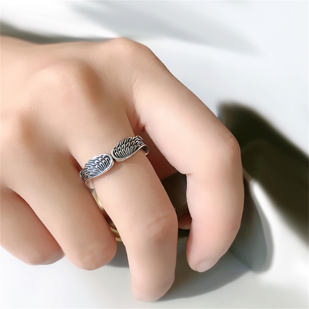 925 Perak Disepuh Terbuka Fashion Feather Design Couple Ring untuk Pria dan Wanita