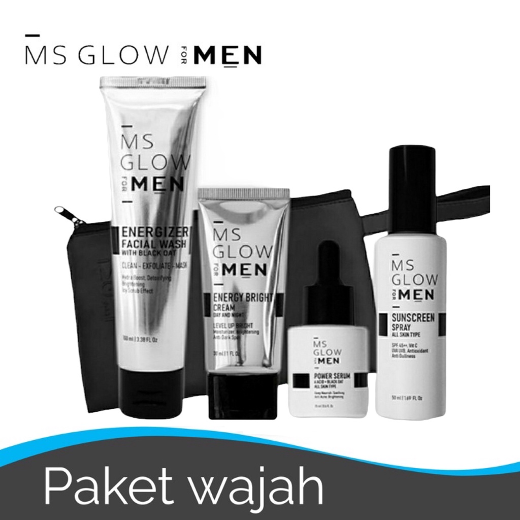 Paket Wajah MS Glow Men Lengkap - Energizer Facial Wash, Energy Bright Cream Day and Night, Energy Serum, Sunscreen Spray, Maskulin Body Lotion