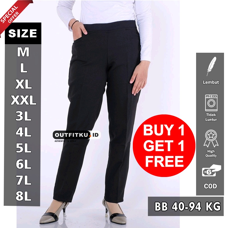 CELANA KANTOR PINGGANG KARET HITAM M - XXXXXXXXL / CELANA BAHAN WANITA / CELANA PANJANG JUMBO