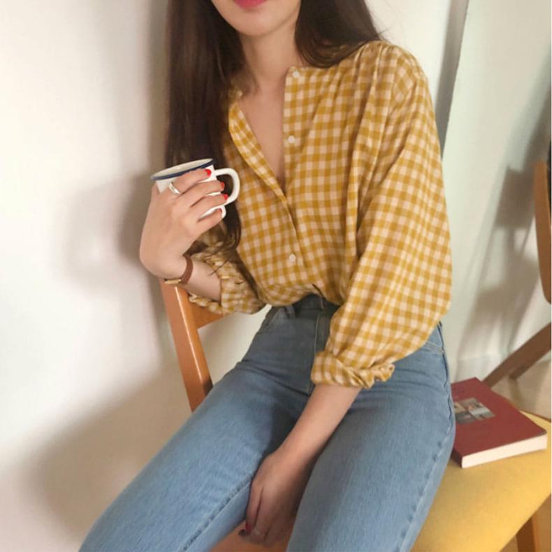 Kemeja Korea Longgar Motif Kotak Kotak Warna Kuning Kemeja Korea Longgar Motif Kotak Kotak Warna Kuning