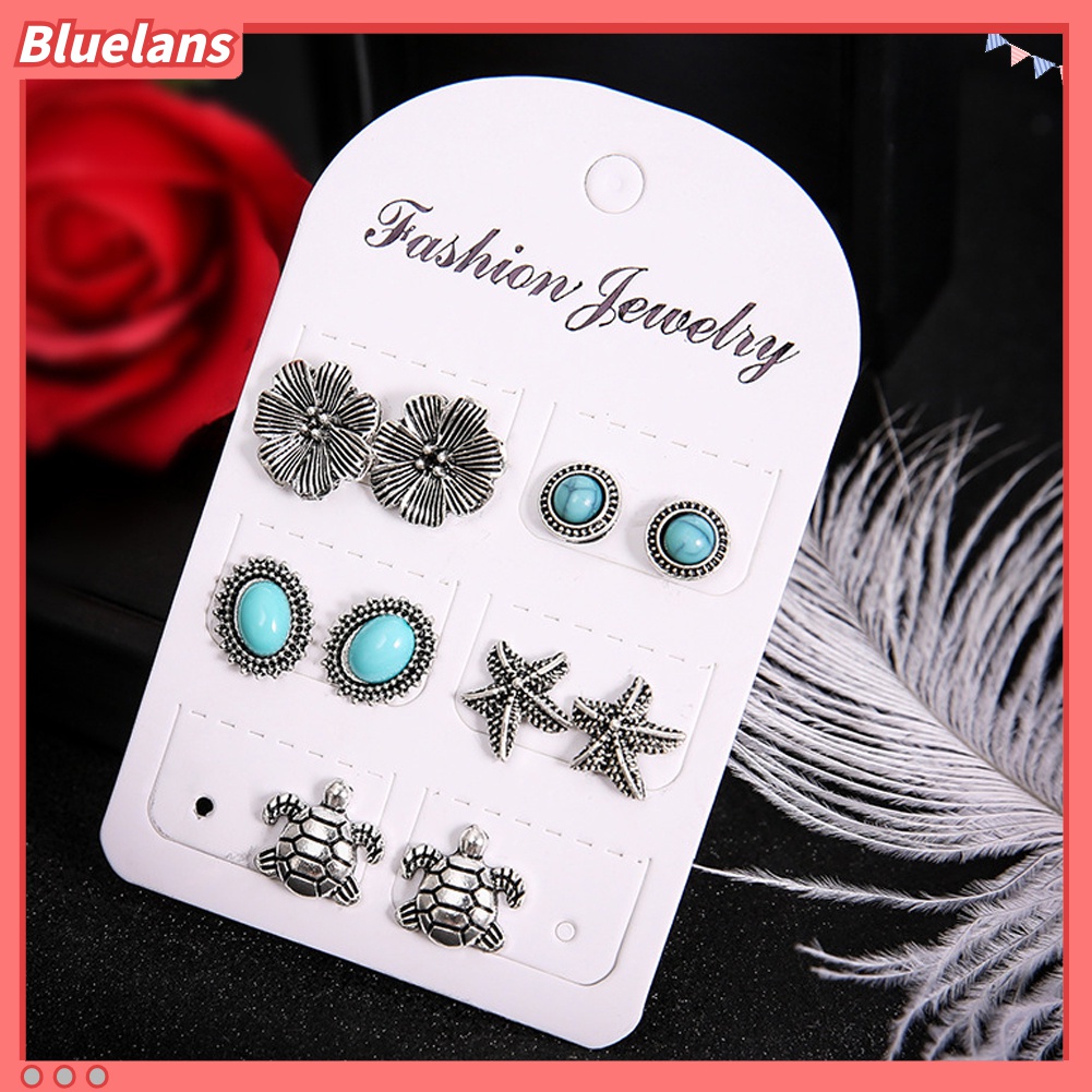 5 Pasang Anting Stud Desain Bintang Laut Kura-Kura Bunga Turquoise Buatan Gaya Boho