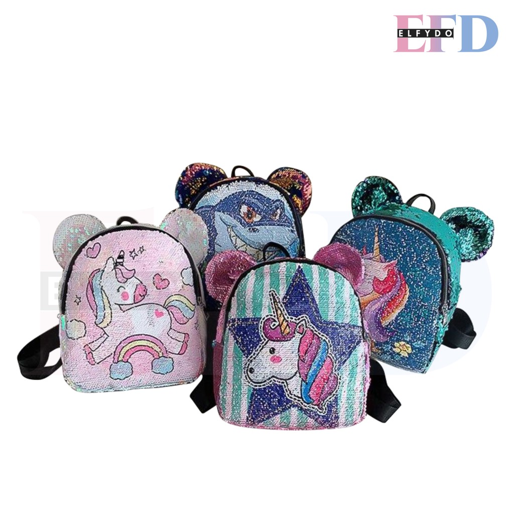 ELFYDO ELF1400 Tas Ransel Anak Sequin Glitter Karakter Unicorn Telinga Beruang