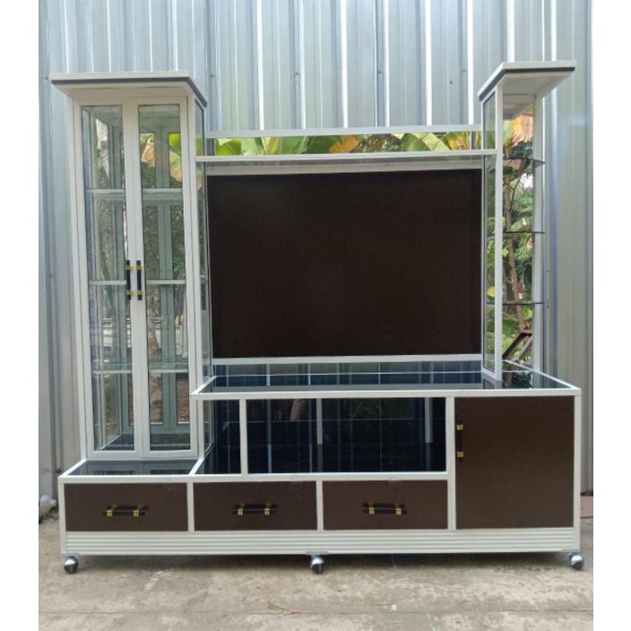 Meja tv sidebore Buffet aluminium / rak tv kaca kombinasi Acp