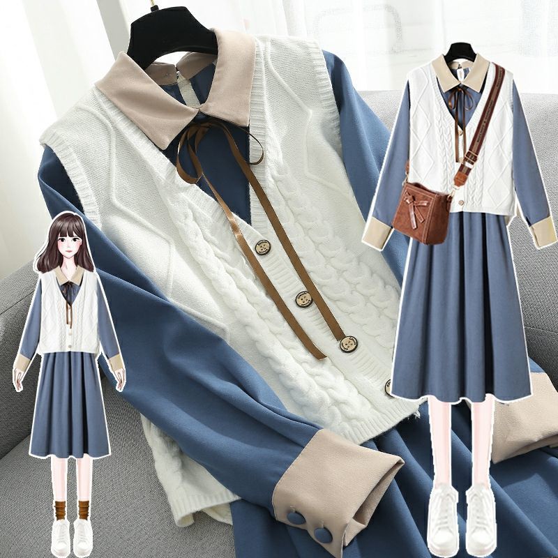 Large women's clothing 2021 autumn new slightly fat sister fashion knitted vest slim dress two-piece