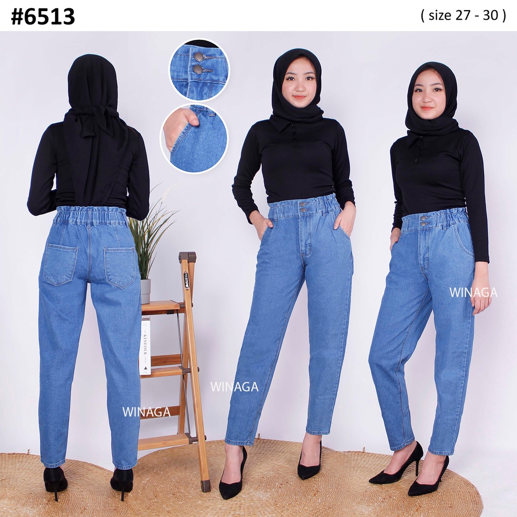 WINAGA- HighWaist Boyfriend Jeans Pinggang Karet Kancing 2