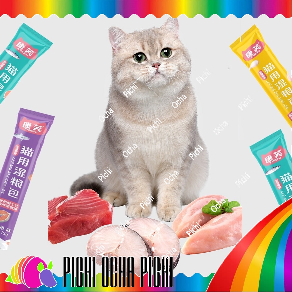 Cat Snack Strip Wet Food Pasta 3 variant rasa @15g (KangFu)