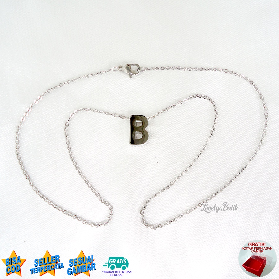 Lovelybutik Kalung Titanium Huruf Abjad Nagita 4ccent Kalung Alfabet Inisial B-I Titanium Silver Bonus Kotak Perhiasan