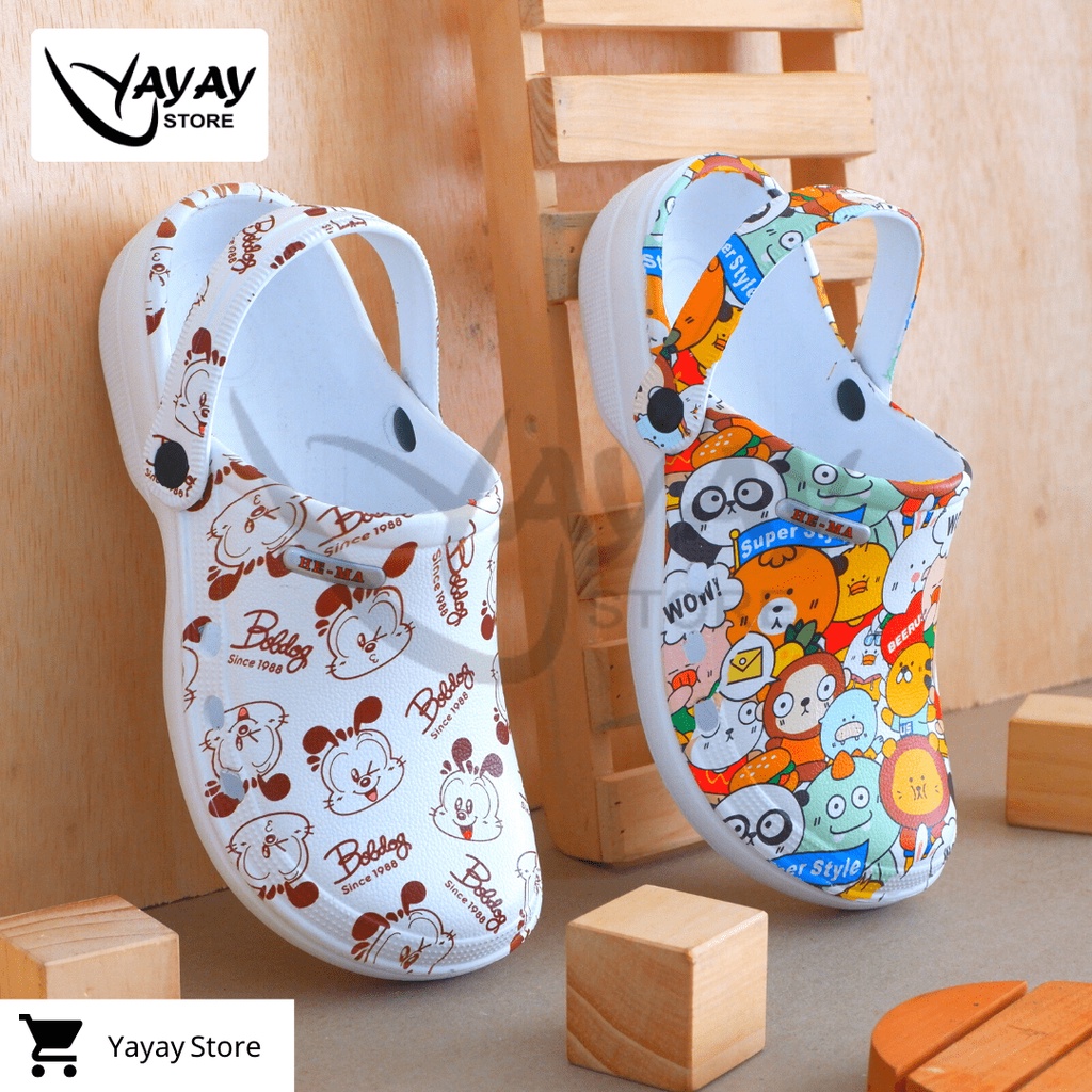 Sandal Rumah Kodok Pria wanita/ Sendal crocs Printing Fantasy / Bobdog Coklat New Arrival