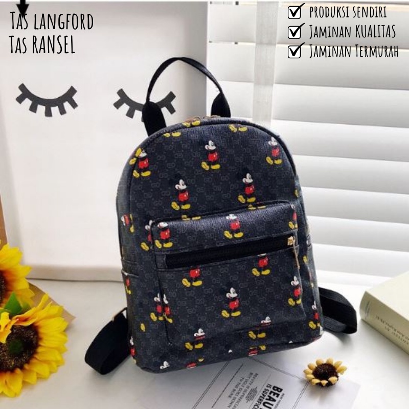 Tas Ransel Mini Punggung Backpack Print Karakter Mickey Mouse Bahu Kecil Anak Sekolah Remaja Sekolah Travelling Model Korea Terbaru Kekinian Perempuan Wanita Cewek 001