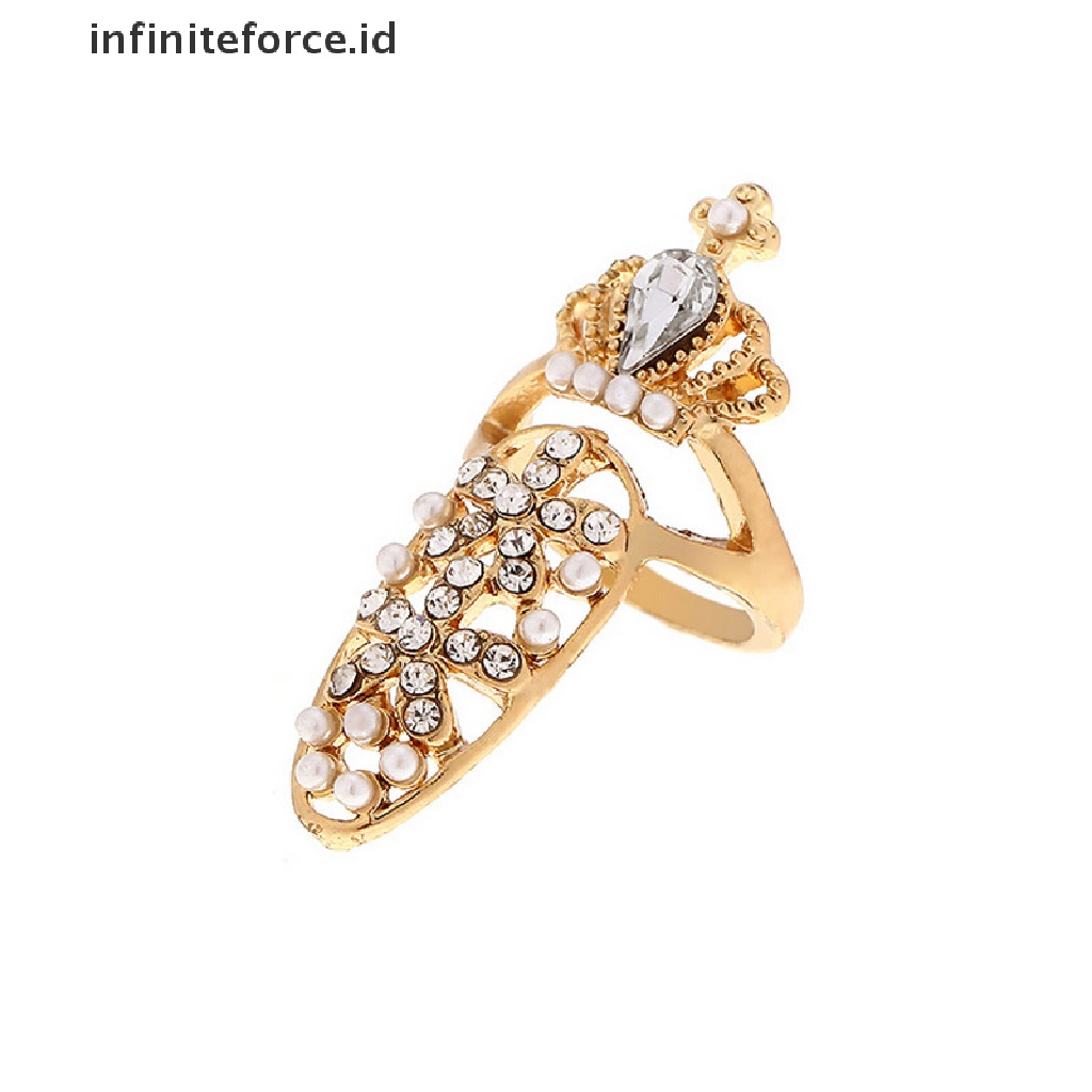 Infiniteforce.id Cincin Kuku Motif Mahkota + Bunga Aksen Kristal Untuk Perhiasan Wanita