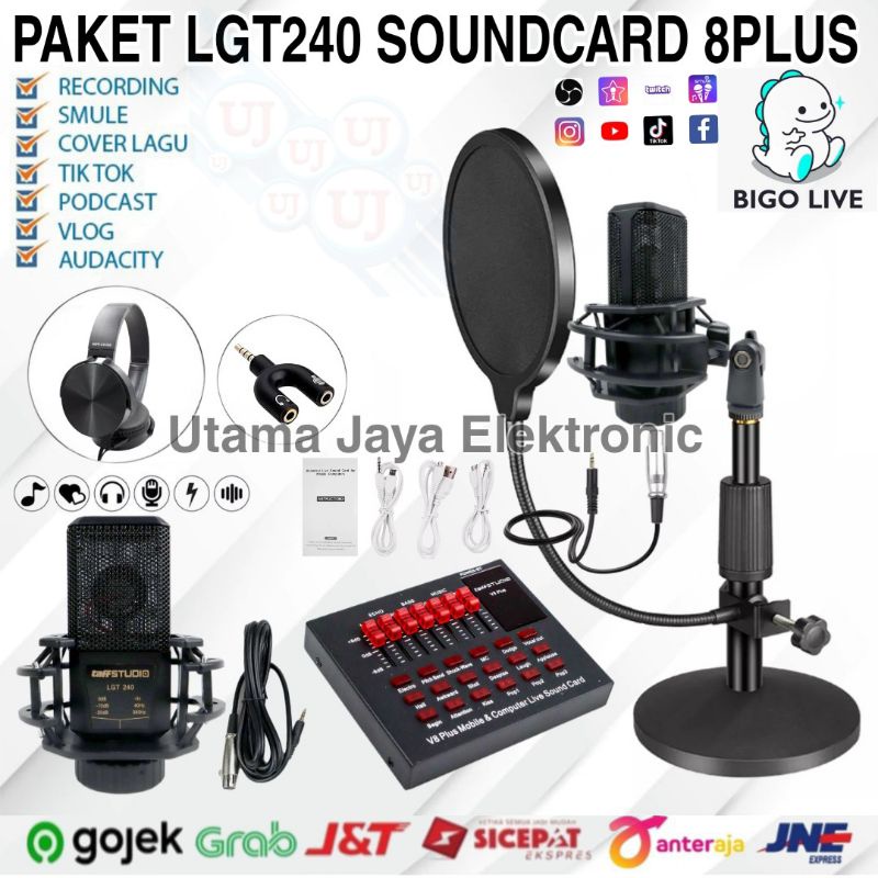 Paket Mic LGT240 Soundcard V8Plus Stand Meja Besi Pop Filter Original