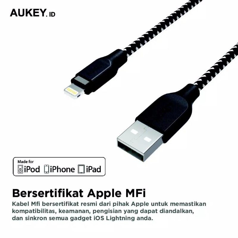 Aukey Cable CB-AL2 2.0M Lightning Braided MFi Iphone Original Garansi Resmi Aukey