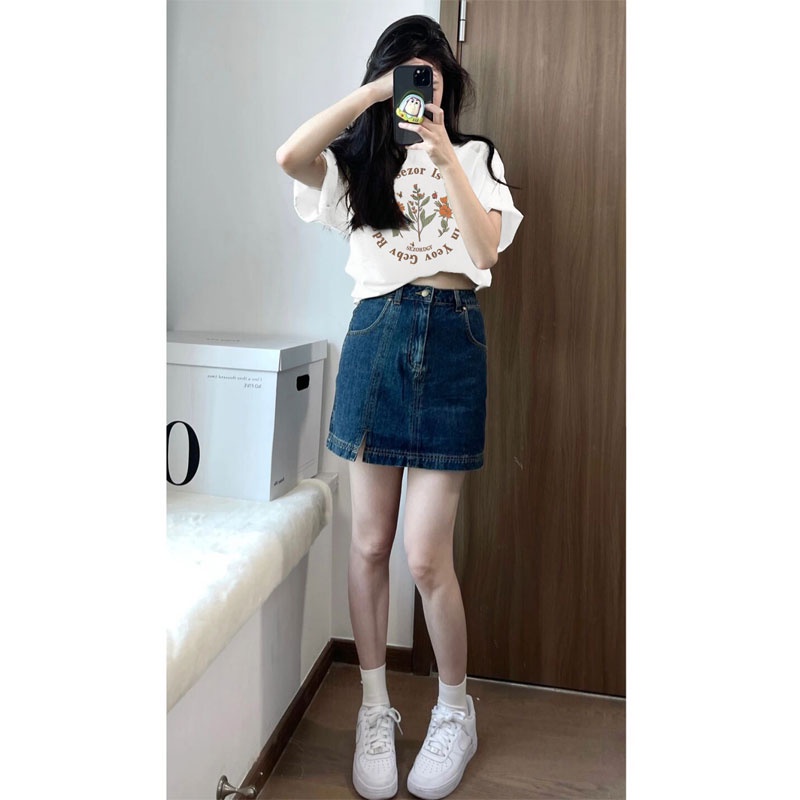 XIAOZHAINV Kaos Putih Atasan Wanita Round Flower Pattern Lengan Pendek 0150